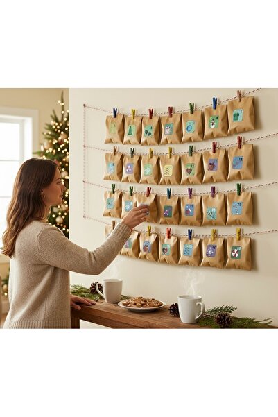roco paper Yılbaşı Advent Takvimi Hediye Seti, Sticker-Kraft Kese Kağıdı-Renkli Ahşap Mandal-Jüt&Twine Baker İp
