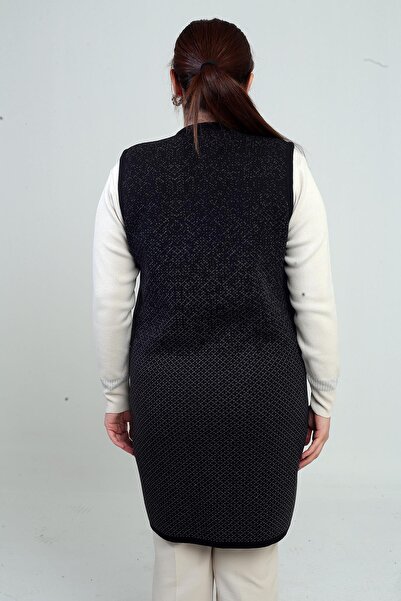 By Saygı Γυναικείο μακρύ γιλέκο με 3 κουμπιά μπροστά, μοτίβο Mini Plus, μεγάλο μέγεθος, πλεκτό με τσέπες