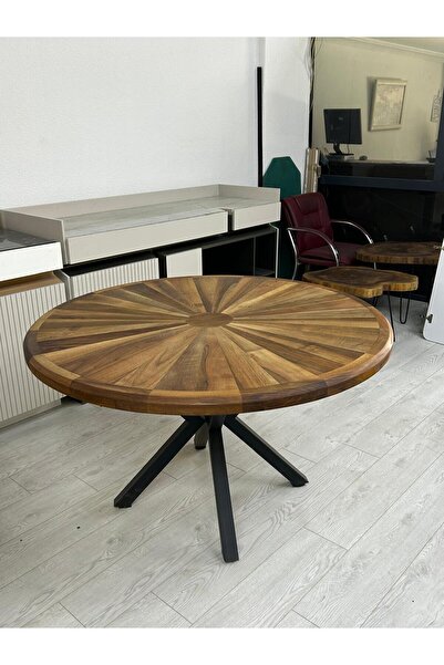 kütükland Doğal Ceviz Yuvarlak Masa Metal Ayaklı