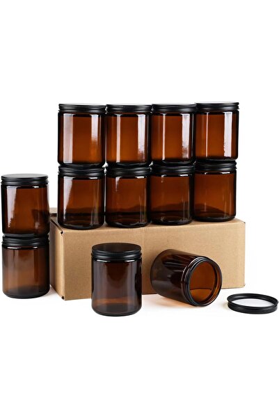FUFU عبوة من 12 برطمان زجاجي دائري بلون العنبر سعة 8 أونصة، برطمانات فارغة بأغطية معدنية سوداء،