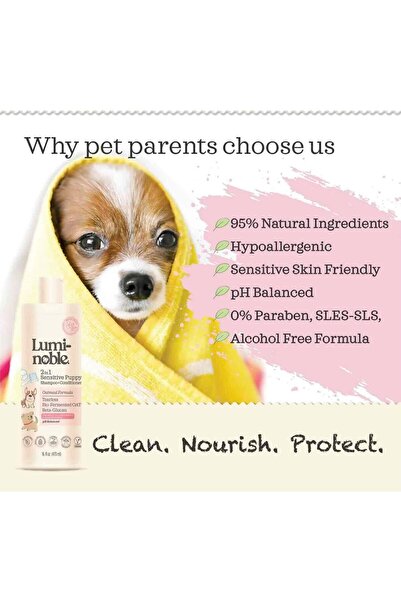 Luminoble Șampon + Balsam 2 în 1 pentru căței - Fără lacrimi - Hipoalergenic - Putere din fulgi de ovăz și colagen - 473 ml