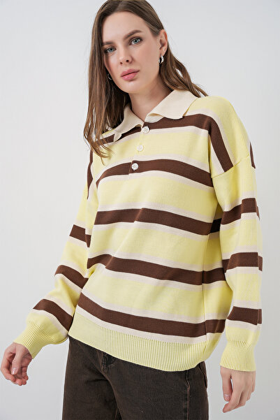 Bigdart Women's Striped Polo Neck Knit Sweater 15952 - Yellow