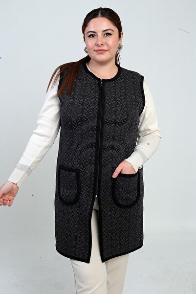 By Saygı Жіночий жилет з застібкою-блискавкою спереду, з кишенями, з візерунком, великого розміру, довгий, трикотажний
