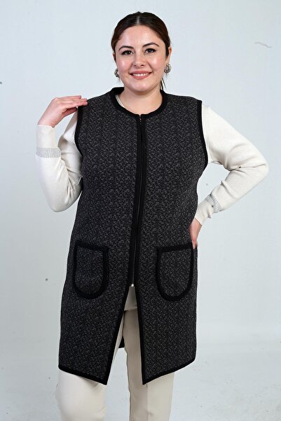 By Saygı Γυναικείο μακρύ πλεκτό γιλέκο με φερμουάρ μπροστά και με σχέδιο, μεγάλο μέγεθος