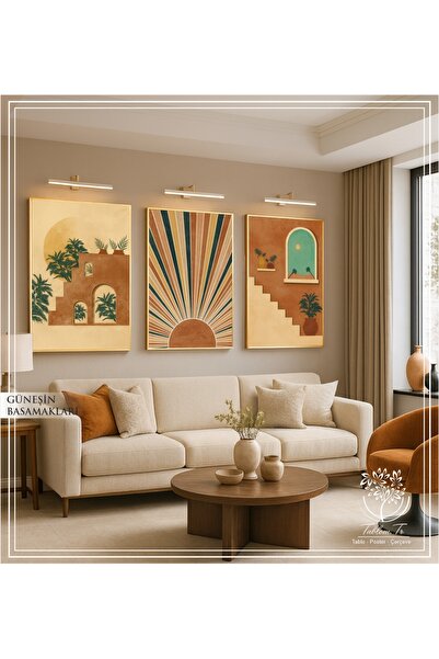 Tablomtr Güneşin Basamakları - Dijital Baskılı Gold Metal Çerçeveli Gerçek Camlı 3'lü Dekoratif Tablo