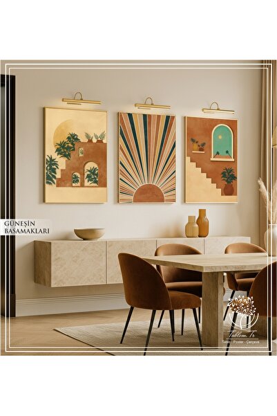 Tablomtr Güneşin Basamakları - Dijital Baskılı Gold Metal Çerçeveli Gerçek Camlı 3'lü Dekoratif Tablo