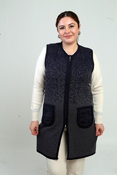 By Saygı Γυναικεία μακριά ζακέτα με φερμουάρ μπροστά και μεγάλο μέγεθος με τσέπες με σχέδια