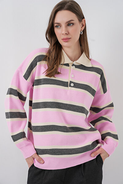 Bigdart Pulover tricotat cu guler polo cu dungi pentru femei 15952 - roz