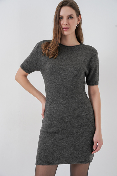 Bigdart فستان تريكو نسائي بأكمام قصيرة 15950 - أنثراسيت