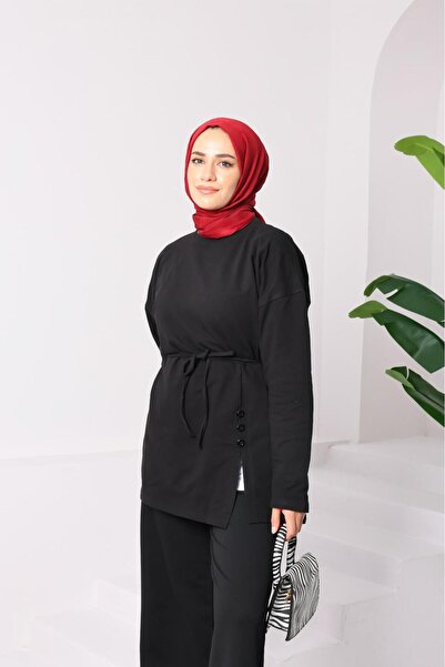 onlymoon Women's Black Top and Bottom Set ♦   Tie the Waist ♦   Button Slit Detail ♦   2 Yarn Knitted Fabric ♦   Comfortable Fit