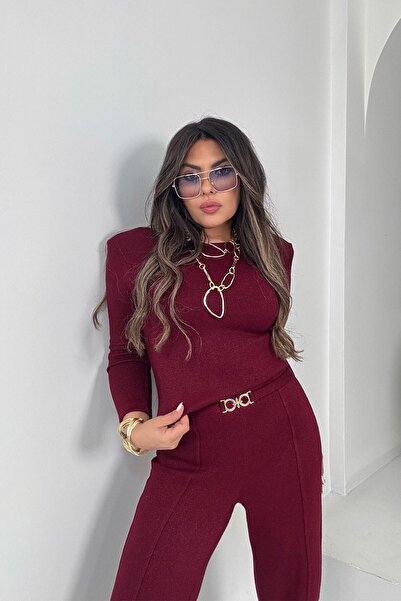 Sohotique By P Glitter Knitted Back Detail Suit Burgundy