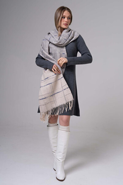 HERCHES Stripe Patterned Wool-Acrylic Winter Scarf - Stone-Grey