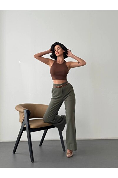 Misscix Kadın Haki Rengi Katlama Detaylı Bol Pantolon