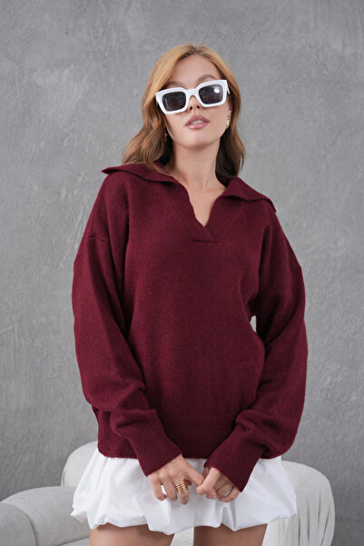 Park Karon Women's Burgundy Polo Neck Oversized Half Placket Soft Texture Knitwear Sweater 8585Sw