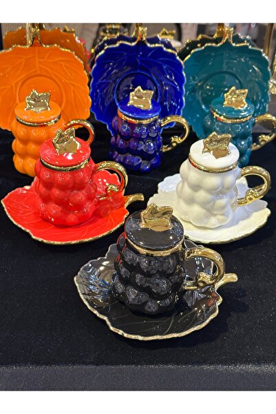 LOKMAN ZÜCCACİYE 6 KİŞİLİK PORSELEN RENKLİ ÜZÜM DESENLİ KAPAKLI KAHVE FİNCAN TAKIMI 90 ML