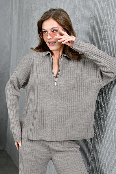 Park Karon Women's Mink Polo Neck Oversized Sweater Pants Knitwear Top-Bottom Set 10955