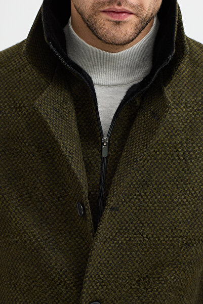 Frappoli Ανδρικό παλτό Lino χακί, πολύ χοντρό, με φερμουάρ, εσωτερικά με λεπτή γούνα, μοτίβο Sl εφαρμοστό aşe