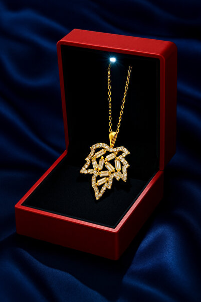 KAR DİAMOND 14 Ayar Altın Zincirli Zirkon Taşlı Çınar Yaprağı Kadın Kolye – Sertifikalı Işıklı Hediye Kutulu