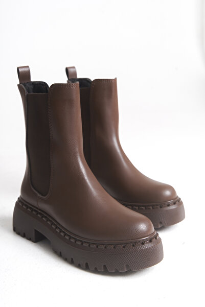 meyra'nın ayakkabıları Γυναικείες μπότες καφέ δέρματος με ελαστική χοντρή σόλα