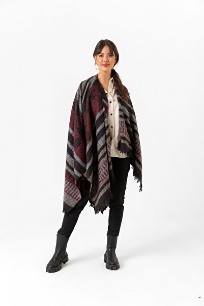 Avoria Kadın Kırmızı Gri Etnik Desenli Çift Taraflı Soft Dokulu Panço