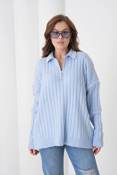 Park Karon pulover tricotat pentru femei, albastru bebeluș, cu guler polo, cu fermoar, supradimensionat 8657sw