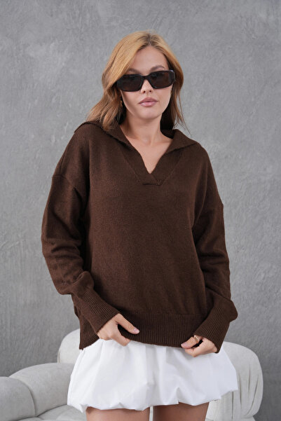 Park Karon Women Coffee Polo Neck Oversized Half Placket Soft Texture Knitwear Sweater 8585Sw