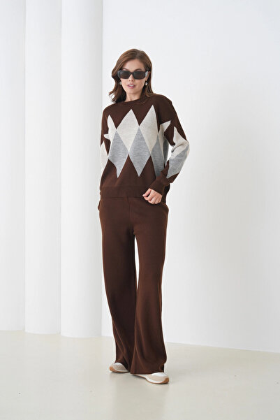 Park Karon Women's Coffee Color Crew Neck Argyle Sweater Pants Knitwear Top-Bottom Set 214076