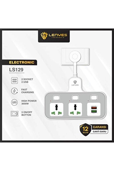 Lenyes LS129 3000W Power Socket 2 Sockets + 2 USB QC3.0 - White