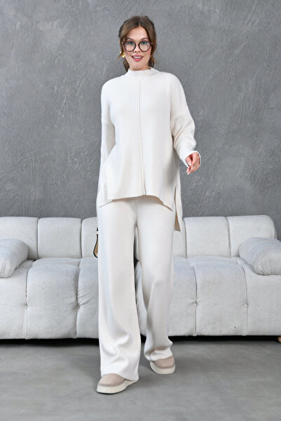 Park Karon ملابس نسائية ياقة مرتفعة متوسطة الطول شق طقم سترة وبنطلون تريكو علوي وسفلي 10998