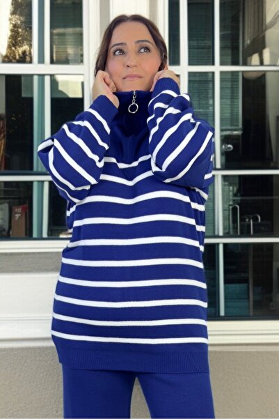 yagmurberen Front Half Zippered Striped Patterned 100% Acrylic Fabric Plus Size Bottom and Top Set