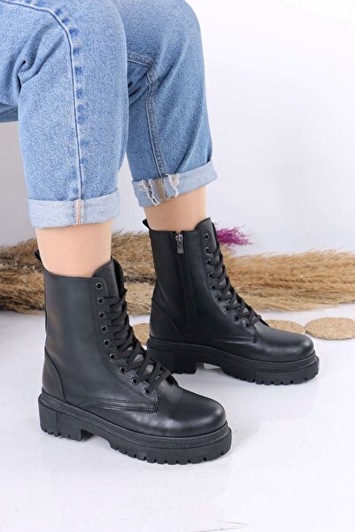 sefayol Γυναικείες μπότες Justeen Μαύρες ματ δερμάτινες με κορδόνια με φερμουάρ