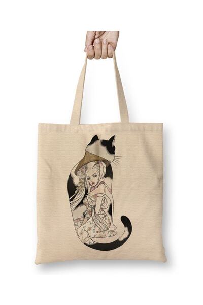Toyaso Τσάντα αγορών Cat Geisha Cat White Tote Bag με μακριά λαβή Τσάντα παρα...