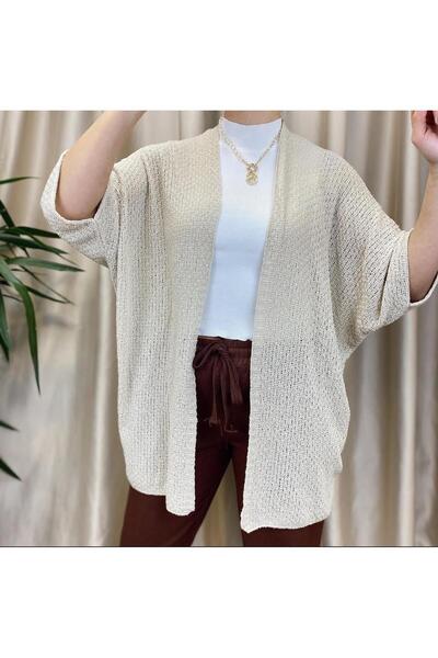 ribana Women's Cream Tasseled Summer Openwork Knitwear Cardigan