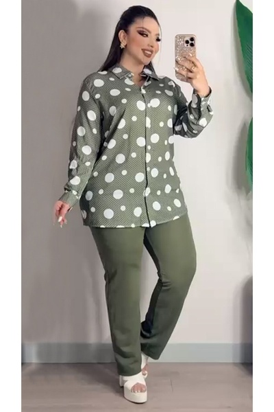 BONİTA FASHİON New Season Plus Size Polka Dot Relaxed Fit Blouse and High Wai...