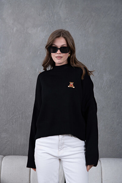 Park Karon Pulover de tricotat cu broderie guler ridicat supradimensionat neg...