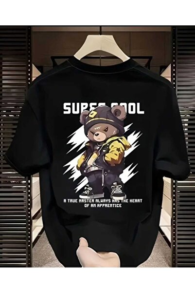 ORVIO Group Ανδρικό μπλουζάκι "Super Cool" με στάμπα αρκούδας, oversized