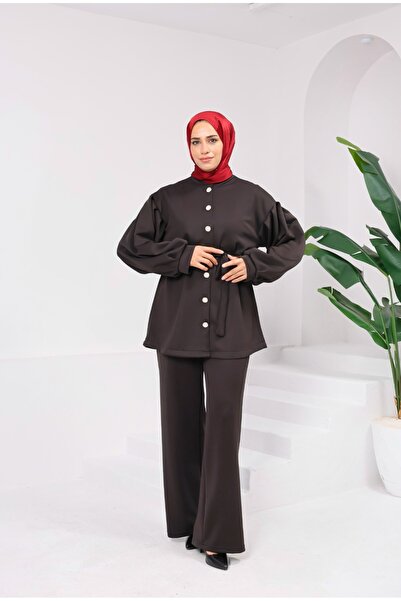 onlymoon Black Scuba Fabric Bottom Top Set ♦   Full Buttoned ♦   With a Belt ♦   Women's Hijab Set ♦   Modern Comfortable Fit