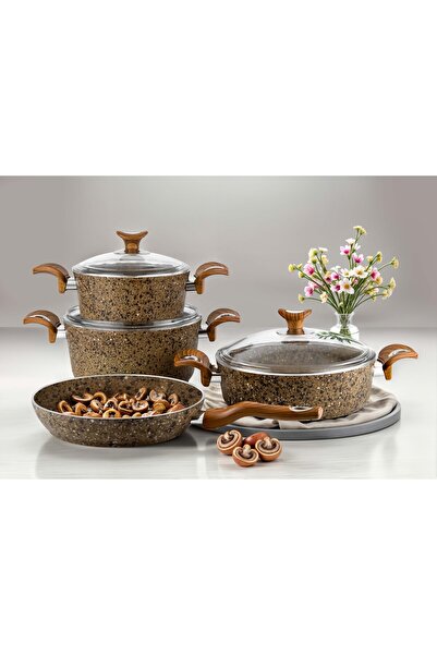 Lines 7 Piece Stone Pattern Beige Granite Cookware Set Non-Stick Coating