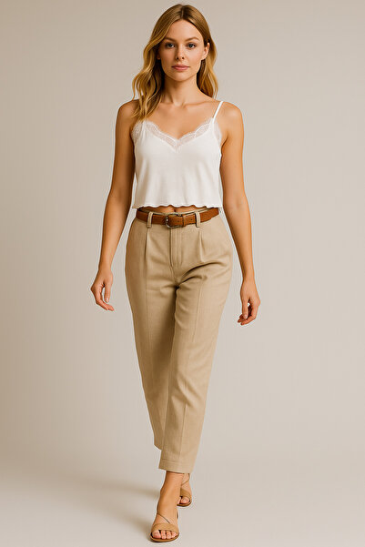 LACHT Women's Ecru Lettuce Hem Detailed String Strap Lace Crop Tank Top