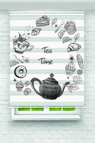 Yznhome “Tea Time” Yazılı Çaydanlık ve Tatlı Desenli Zebra Perde – YZN-1045