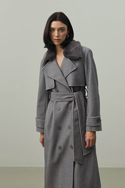 Fahhar Maxi Coat with Detachable Collar Gray