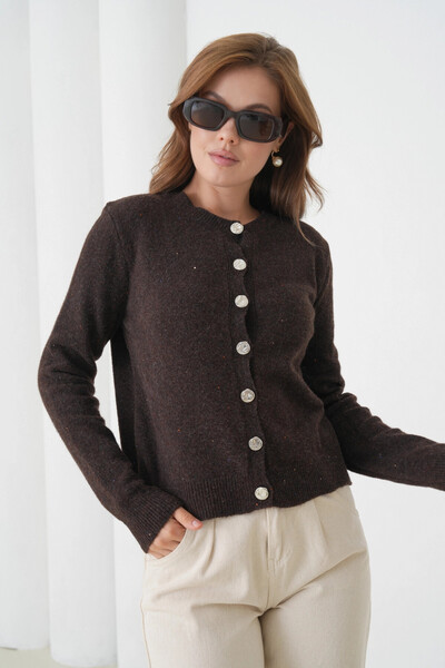 Park Karon Women's Coffee Color Crew Neck Button Detail Soft Textured Knitwear Cardigan 8559
