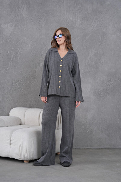 Park Karon Women's Anthracite Self-Textured Button Sweater Pants Knitwear Top-Bottom Set 12287