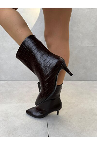 Elvinin Tarzı Cara Acı Kahve Croco Thin Heeled Short Boots