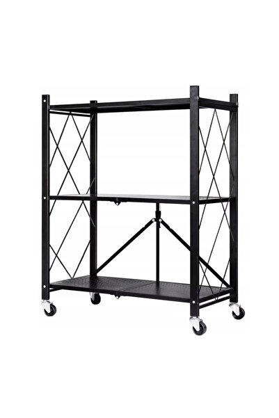 BASE Etajera cu 3 polite mobila Depozitare bucatarie pliabila pe roti Neagra