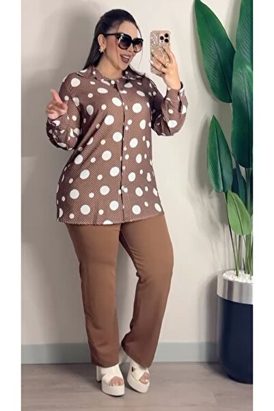 BONİTA FASHİON New Season Plus Size Polka Dot Relaxed Fit Blouse and High Wai...