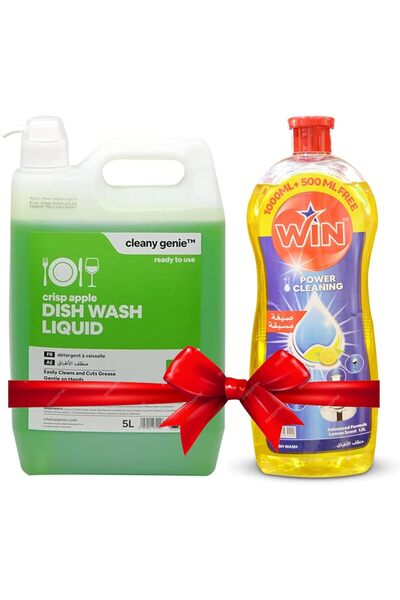Cleany Genie سائل غسيل الأطباق برائحة التفاح المنعشة، سعة 5 لترات، برائحة تدوم طويلًا، بسعة 1500 مل | 5 لترات + 1.5 لتر