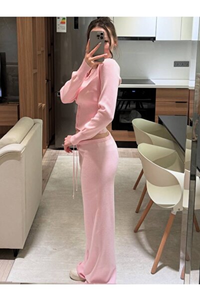 vişneli Pembe Triko İkili Takım – Hırka & Pantolon