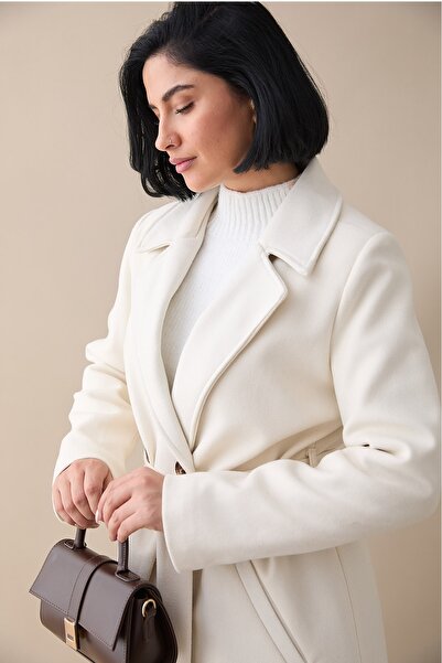 InStyle Lined Kaşe Double-Breasted Cream Coat