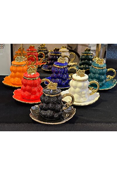 LOKMAN ZÜCCACİYE 6 KİŞİLİK PORSELEN RENKLİ ÜZÜM DESENLİ KAPAKLI KAHVE FİNCAN TAKIMI 90 ML